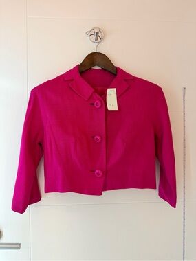 Vintage 1950s cropped blazer jacket hot pink fuchsia raw silk shantung slub 3/5
